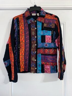 Chico's Vibrant Patchwork Button-Up Jacket in Black, Red, Teal, Purple